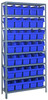 1275-SB802BL Shelving Unit, 12"D x 36"L x 75"H, heavy duty, 400 lb. load capacity per shelf, includes: (8) shelves, (35) 11-5/8"L x 6-5/8"W x 8"H (QSB802) blue black bins, uprights and cross bars, galvanized steel finish