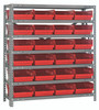 1839-108RD Shelving Unit, 18"D x 36"L x 39"H, heavy duty, 400 lb. load capacity per shelf, includes: (7) shelves, (24) 17-7/8"L x 8-3/8"W x 4"H (QSB108) red black bins, uprights and cross bars, galvanized steel finish