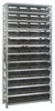 1275-107BK Shelving Unit, 12"D x 36"L x 75"H, heavy duty, 400 lb. load capacity per shelf, includes: (13) shelves, (48) 11-5/8"L x 8-3/8"W x 4"H (QSB107) black black bins, uprights and cross bars, galvanized steel finish