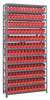 1275-100RD Shelving Unit, 12"D x 36"L x 75"H, heavy duty, 400 lb. load capacity per shelf, includes: (13) shelves, (144) 11-5/8"L x 2-3/4"W x 4"H (QSB100) red black bins, uprights and cross bars, galvanized steel finish