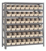 1839-103IV Shelving Unit, 18"D x 36"L x 39"H, heavy duty, 400 lb. load capacity per shelf, includes: (7) shelves, (48) 17-7/8"L x 4-1/8"W x 4"H (QSB103) ivory black bins, uprights and cross bars, galvanized steel finish