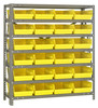1839-108YL Shelving Unit, 18"D x 36"L x 39"H, heavy duty, 400 lb. load capacity per shelf, includes: (7) shelves, (24) 17-7/8"L x 8-3/8"W x 4"H (QSB108) yellow black bins, uprights and cross bars, galvanized steel finish