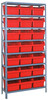 1875-SB810RD Shelving Unit, 18"D x 36"L x 75"H, heavy duty, 400 lb. load capacity per shelf, includes: (8) shelves, (21) 17-7/8"L x 11-1/8"W x 8"H (SSB810) red black bins, uprights and cross bars, galvanized steel finish