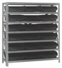 1839-110BK Shelving Unit, 18"D x 36"L x 39"H, heavy duty, 400 lb. load capacity per shelf, includes: (7) shelves, (18) 17-7/8"L x 11-1/8"W x 4"H (QSB110) black black bins, uprights and cross bars, galvanized steel finish