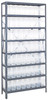 1875-SB803CL Shelving Unit, 18"D x 36"L x 75"H, heavy duty, 400 lb. load capacity per shelf, includes: (8) shelves, (56) 17-7/8"L x 4-3/8"W x 8"H (SSB803) clear black bins, uprights and cross bars, galvanized steel finish