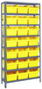 1875-SB810YL Shelving Unit, 18"D x 36"L x 75"H, heavy duty, 400 lb. load capacity per shelf, includes: (8) shelves, (21) 17-7/8"L x 11-1/8"W x 8"H (SSB810) yellow black bins, uprights and cross bars, galvanized steel finish