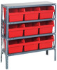 1839-SB810RD Shelving Unit, 18"D x 36"L x 39"H, heavy duty, 400 lb. load capacity per shelf, includes: (4) shelves, (9) 17-7/8"L x 11-1/8"W x 8"H (QSB810) red black bins, uprights and cross bars, galvanized steel finish
