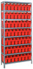 1875-SB803RD Shelving Unit, 18"D x 36"L x 75"H, heavy duty, 400 lb. load capacity per shelf, includes: (8) shelves, (56) 17-7/8"L x 4-3/8"W x 8"H (SSB803) red black bins, uprights and cross bars, galvanized steel finish