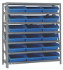 1839-110BL Shelving Unit, 18"D x 36"L x 39"H, heavy duty, 400 lb. load capacity per shelf, includes: (7) shelves, (18) 17-7/8"L x 11-1/8"W x 4"H (QSB110) blue black bins, uprights and cross bars, galvanized steel finish