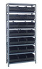 2475-485BK Shelving Unit, 24"D x 36"L x 75"H, heavy duty, 400 lb. load capacity per shelf, includes: (8) shelves, (21) 20-1/2"L x 11"W x 7"H (SSB485) black black bins, uprights and cross bars, galvanized steel finish