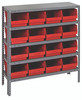 1839-208RD Shelving Unit, 18"D x 36"L x 39"H, heavy duty, 400 lb. load capacity per shelf, includes: (5) shelves, (16) 17-7/8"L x 8-3/8"W x 6"H (QSB208) red black bins, uprights and cross bars, galvanized steel finish