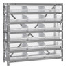 1839-110CL Shelving Unit, 18"D x 36"L x 39"H, heavy duty, 400 lb. load capacity per shelf, includes: (7) shelves, (18) 17-7/8"L x 11-1/8"W x 4"H (QSB110) clear black bins, uprights and cross bars, galvanized steel finish
