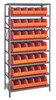1875-461OR Shelving Unit, 18"D x 36"L x 75"H, heavy duty, 400 lb. load capacity per shelf, includes: (8) shelves, (35) 18"L x 6"W x 7"H (SSB461) orange black bins, uprights and cross bars, galvanized steel finish
