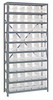 1875-204CL Shelving Unit, 18"D x 36"L x 75"H, heavy duty, 400 lb. load capacity per shelf, includes: (13) shelves, (45) 17-7/8"L x 6-5/8"W x 4"H (QSB204) clear black bins, uprights and cross bars, galvanized steel finish