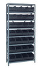 2475-483BK Shelving Unit, 24"D x 36"L x 75"H, heavy duty, 400 lb. load capacity per shelf, includes: (8) shelves, (28) 20-1/2"L x 8-1/4"W x 7"H (SSB483) black black bins, uprights and cross bars, galvanized steel finish