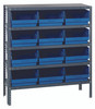 1839-210BL Shelving Unit, 18"D x 36"L x 39"H, heavy duty, 400 lb. load capacity per shelf, includes: (5) shelves, (12) 17-7/8"L x 11-1/8"W x 6"H (QSB210) blue black bins, uprights and cross bars, galvanized steel finish