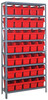1875-SB804RD Shelving Unit, 18"D x 36"L x 75"H, heavy duty, 400 lb. load capacity per shelf, includes: (8) shelves, (35) 17-7/8"L x 6-5/8"W x 8"H (SSB804) red black bins, uprights and cross bars, galvanized steel finish