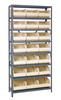 2475-485IV Shelving Unit, 24"D x 36"L x 75"H, heavy duty, 400 lb. load capacity per shelf, includes: (8) shelves, (21) 20-1/2"L x 11"W x 7"H (SSB485) ivory black bins, uprights and cross bars, galvanized steel finish
