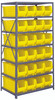 2475-951YL Shelving Unit, 24"D x 36"L x 75"H, heavy duty, 400 lb. load capacity per shelf, includes: (8) shelves, (24) 23-7/8"L x 8-1/4"W x 9"H (QUS951) yellow black bins, uprights and cross bars, galvanized steel finish
