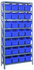 1875-SB808BL Shelving Unit, 18"D x 36"L x 75"H, heavy duty, 400 lb. load capacity per shelf, includes: (8) shelves, (28) 17-7/8"L x 8-3/8"W x 8"H (SSB808) blue black bins, uprights and cross bars, galvanized steel finish