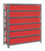2439-603RD Shelving Unit, 24"D x 36"L x 39"H, heavy duty, 400 lb. load capacity per shelf, includes: (7) shelves, (36) 24"L x 5-9/16"W x 4-5/8"H (QED603) red black bins, uprights and cross bars, galvanized steel finish