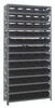 1875-104BK Shelving Unit, 18"D x 36"L x 75"H, heavy duty, 400 lb. load capacity per shelf, includes: (13) shelves, (60) 17-7/8"L x 6-5/8"W x 4"H (QSB104) black black bins, uprights and cross bars, galvanized steel finish