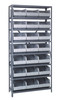 1875-465GY Shelving Unit, 18"D x 36"L x 75"H, heavy duty, 400 lb. load capacity per shelf, includes: (8) shelves, (21) 18"L x 11"W x 7"H (SSB465) gray black bins, uprights and cross bars, galvanized steel finish