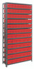 1875-624RD Shelving Unit, 18"D x 36"L x 75"H, heavy duty, 400 lb. load capacity per shelf, includes: (13) shelves, (54) 17-7/8"L x 3-3/4"W x 4-5/8"H (QED604) and (36) 17-7/8"L x 5-9/16"W x 4-5/8"H (QED602) red black bins, uprights and cross bars