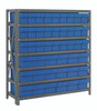 1839-624BL Shelving Unit, 18"D x 36"L x 39"H, heavy duty, 400 lb. load capacity per shelf, includes: (7) shelves, (27) 17-7/8"L x 3-3/4"W x 4-5/8"H (QED604) and (18) 17-7/8"L x 5-9/16"W x 4-5/8"H (QED602) blue black bins, uprights and cross bars