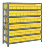 1839-624YL Shelving Unit, 18"D x 36"L x 39"H, heavy duty, 400 lb. load capacity per shelf, includes: (7) shelves, (27) 17-7/8"L x 3-3/4"W x 4-5/8"H (QED604) and (18) 17-7/8"L x 5-9/16"W x 4-5/8"H (QED602) yellow black bins, uprights and cross bars