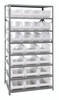 2475-950952CL Shelving Unit, 24"D x 36"L x 75"H, heavy duty, 400 lb. load capacity per shelf, includes: (8) shelves, (12) 23-7/8"L x 8-1/4"W x 7"H (QUS950) and (12) 23-7/8"L x 11"W x 7"H (QUS952) clear black bins, uprights and cross bars