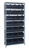 2475-483485BK Shelving Unit, 24"D x 36"L x 75"H, heavy duty, 400 lb. load capacity per shelf, includes: (8) shelves, (12) 20-1/2"L x 8-1/4"W x 7"H (SSB483) and (12) 20-1/2"L x 11"W x 7"H (SSB485) black black bins, uprights and cross bars