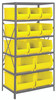 2475-953954YL Shelving Unit, 24"D x 36"L x 75"H, heavy duty, 400 lb. load capacity per shelf, includes: (8) shelves, (9) 23-7/8"L x 11"W x 10"H (QUS953) and (4) 23-7/8"L x 16-1/2"W x 11"H (QUS954) yellow black bins, uprights and cross bars
