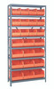 2475-483485OR Shelving Unit, 24"D x 36"L x 75"H, heavy duty, 400 lb. load capacity per shelf, includes: (8) shelves, (12) 20-1/2"L x 8-1/4"W x 7"H (SSB483) and (12) 20-1/2"L x 11"W x 7"H (SSB485) orange black bins, uprights and cross bars