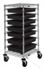 BC212439M2CO Bin Cart, mobile, conductive, 21"W x 24"L x 45"H, includes: (2) wire shelves, (7) 22-1/2"L x 17-1/2"W x 3"H (DG93030) black bin and set of casters, chrome plated finish