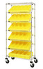 MWRS-7-602YL Bin Systems Unit, mobile, 36"L x 18"W x 80"H, includes: (4) posts, (2) flat wire shelves, (5) slanted wire shelves, (30) 17-5/8"L x 5-9/16"W x 4-5/8"H yellow bins (QED602) & (4) 5" swivel polyurethane casters (2 with brakes)
