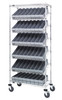 MWRS-7-604GY Bin Systems Unit, mobile, 36"L x 18"W x 80"H, includes: (4) posts, (2) flat wire shelves, (5) slanted wire shelves, (48) 17-5/8"L x 3-3/4"W x 4-5/8"H gray bins (QED604) & (4) 5" swivel polyurethane casters (2 with brakes)