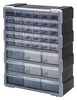 PDC-39BK Plastic Drawer Cabinet, 6-1/4"L x 15"W x 18-3/4"H, includes (30) 5-1/2"L x 2"W x 1-1/4"W and (9) 5-1/2"L x 4-1/4"W x 2"H, each drawer includes a divider, stable stacking and easy wall mounting