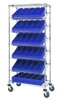 MWRS-7-602BL Bin Systems Unit, mobile, 36"L x 18"W x 80"H, includes: (4) posts, (2) flat wire shelves, (5) slanted wire shelves, (30) 17-5/8"L x 5-9/16"W x 4-5/8"H blue bins (QED602) & (4) 5" swivel polyurethane casters (2 with brakes)