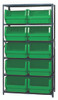 MSU-543GN Magnum Bin Steel Shelving, 42"W x 18"D x 75"H, includes: (6) shelves and (10) 19-3/4"L x 18-3/8"W x 11-7/8"H (QMS543) green bins, corrosion and rust resistant, Made in USA