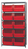 MSU-543RD Magnum Bin Steel Shelving, 42"W x 18"D x 75"H, includes: (6) shelves and (10) 19-3/4"L x 18-3/8"W x 11-7/8"H (QMS543) red bins, corrosion and rust resistant, Made in USA