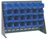 QBR-2721-220-24BL Bench Rack, 27-3/4"L x 8"W x 21"H, 16 gauge steel louvered model, includes: (24) 7-3/8"L x 4-1/8"W x 3"H blue bins, gray enamel finish