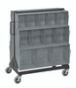 QFS224-24+QFS400GY Tip Out Bin Floor Stand, double sided, mobile, 20-1/4"D x 23-5/8"W x 31"H, 500 lbs. load capacity, includes: (2) QTB303, (2) QTB304, (2) QTB305 gray bins and caster kit, 14 gauge steel, black coated finish