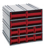 QIC-8143RD Interlocking Storage Cabinets, 11-3/8"D x 11-3/4"W x 11"H, includes: (8) IDR201 and (4) IDR203, windows and (2) dividers per drawer, cabinets interlock horizontally and vertically or can be mounted on wall, red drawers