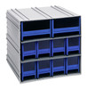 QIC-8224BL Interlocking Storage Cabinets, 11-3/8"D x 11-3/4"W x 11"H, includes: (8) IDR202 and (2) IDR204, windows and (2) dividers per drawer, cabinets interlock horizontally and vertically or can be mounted on wall, blue drawers