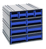 QIC-4163BL Interlocking Storage Cabinets, 11-3/8"D x 11-3/4"W x 11"H, includes: (4) IDR201 and (6) IDR203, windows and (2) dividers per drawer, cabinets interlock horizontally and vertically or can be mounted on wall, blue drawers