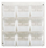 QLP-1819HC-230-9CL Louvered Panel, wall mounted, 18"L x 11"H, includes: (9) QUS230, clear bins, heavy-duty 16 gauge cold rolled steel, oyster white enamel coated finish (mounting hardware not included)
