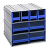 QIC-4244BL Interlocking Storage Cabinets, 11-3/8"D x 11-3/4"W x 11"H, includes: (4) IDR202 and (4) IDR204, windows and (2) dividers per drawer, cabinets interlock horizontally and vertically or can be mounted on wall, blue drawers