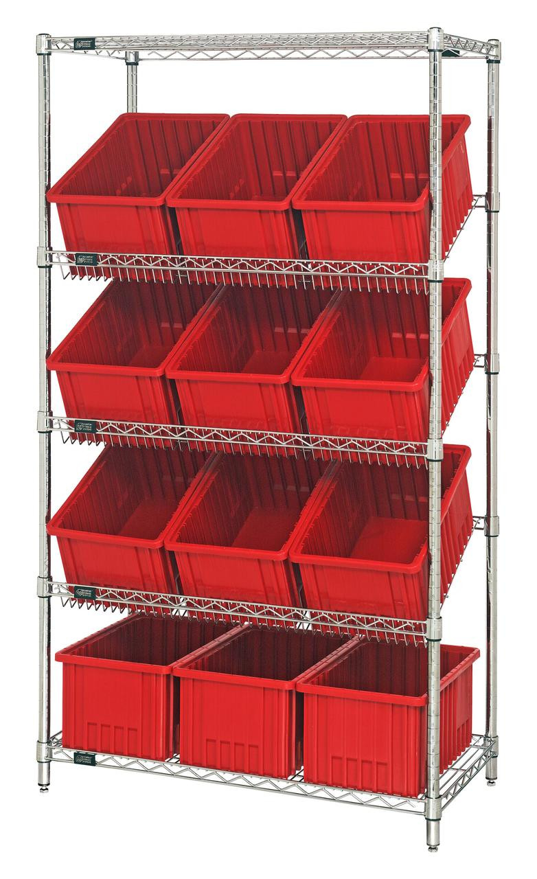 Slanted Wire Shelving Unit 18D x 36W x 63with 12 DG92080 Bins