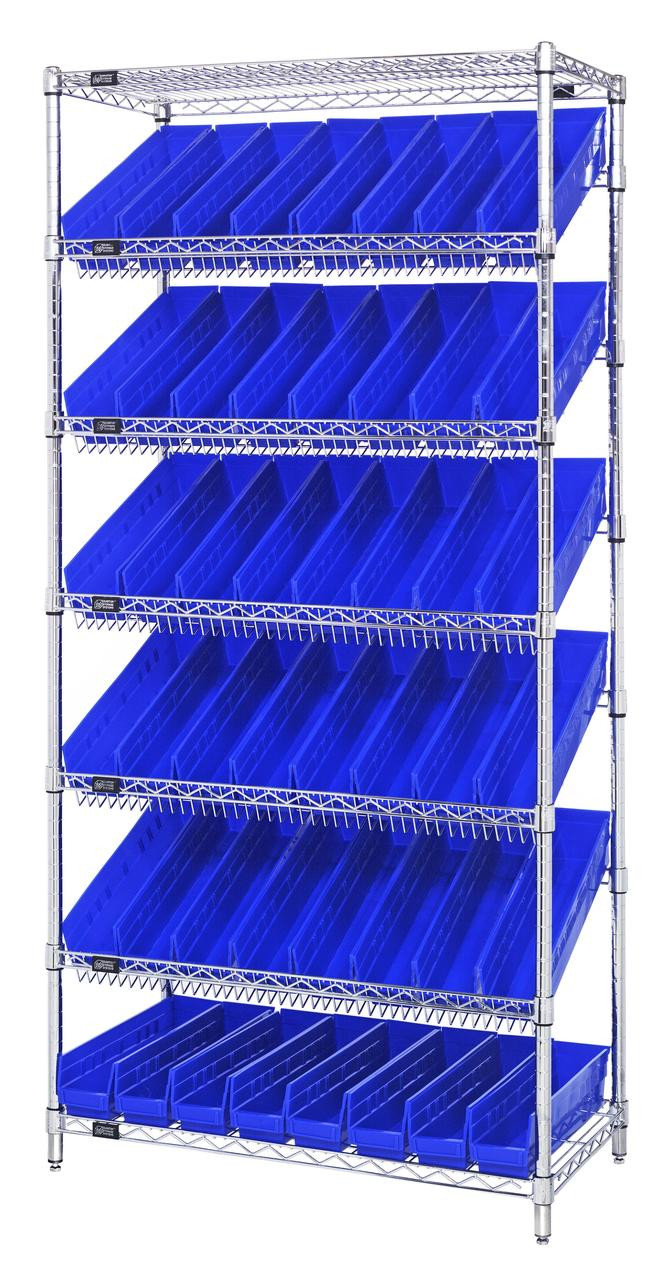 Slanted Wire Shelving Unit 18D x 36W x 74with 48 QSB103 Bins 